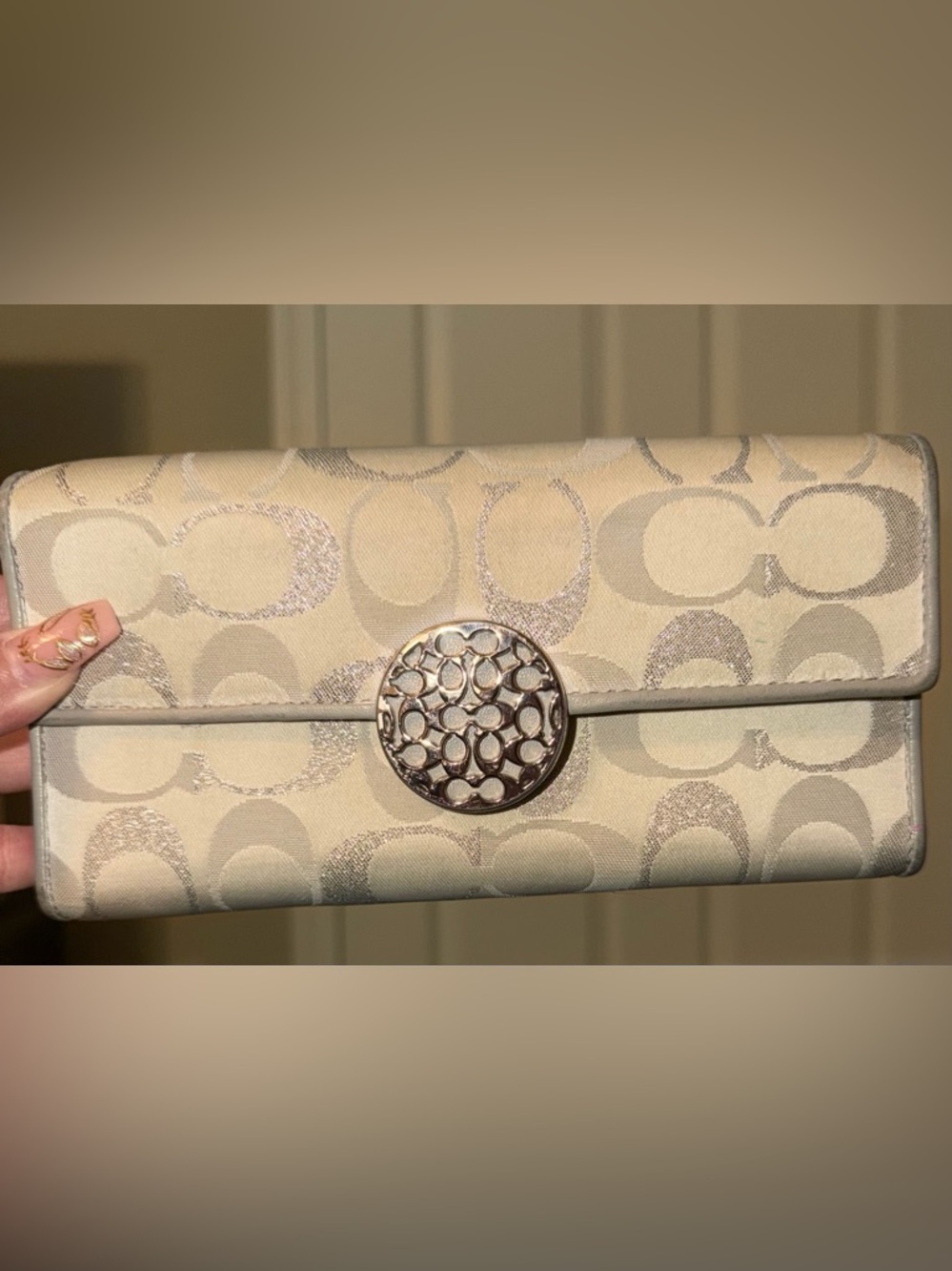 Coach Sulver Signature Canvas Wristlet with Silver-Tone Logo Button
